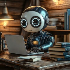 Robot is learning at  desk with laptop