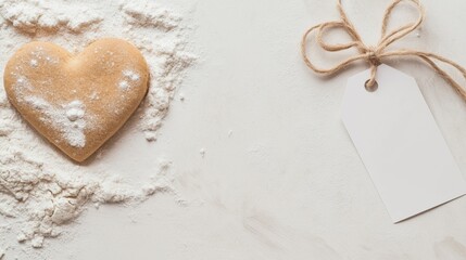 Fototapeta premium Heart-shaped cookie cutter on floured surface with blank tag for baking themes