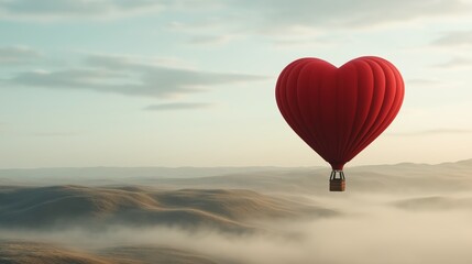 Fototapeta premium Heart-shaped hot air balloon over serene landscape for romantic escapes and event designs
