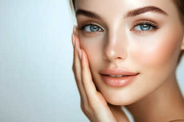 Fototapeta premium A close-up of a woman with flawless skin and a natural smile, gently touching her face, showcasing beauty, confidence, and healthy skin care in soft, natural light