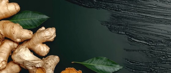 Fresh ginger root with green leaves on a dark wooden background
