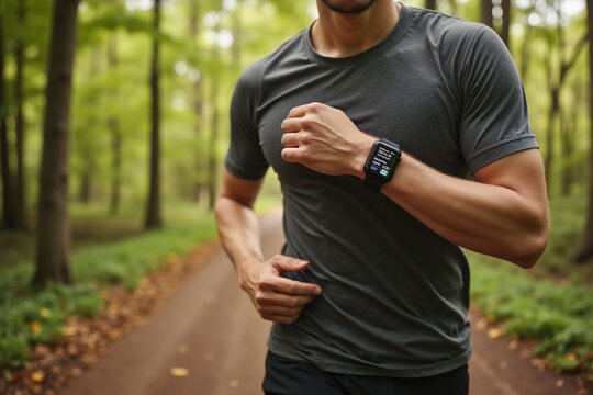 Runner on forest trail wearing smartwatch for fitness tracking and outdoor exercise.