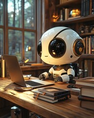 Cute white robot character working on laptop	