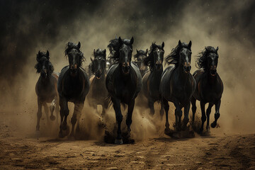 Photograph of a herd or band consisting of black horses galloping across the dust in the foreground