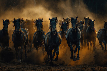 Photograph of a herd or band consisting of black horses galloping across the dust in the foreground