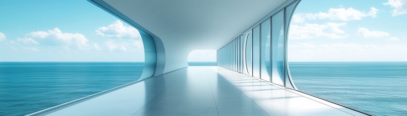 Obraz premium A modern architectural design showcasing a sleek interior with large windows overlooking the serene ocean view and bright sky.