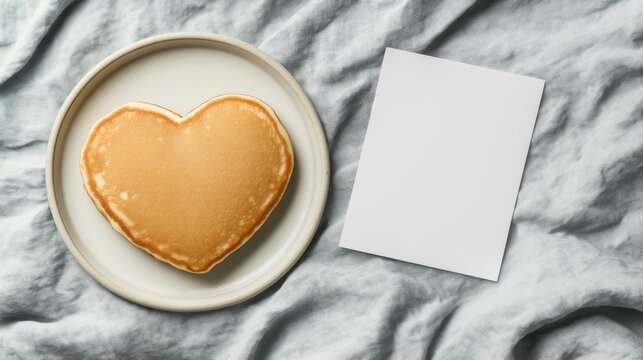 Heart-shaped pancake breakfast with blank card for romantic occasions