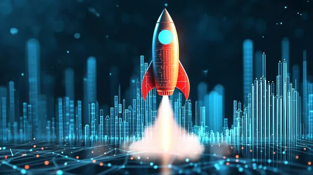 A red rocket ship blasts off in a digital cityscape, symbolizing rapid growth and innovation