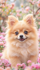  Adorable Pomeranian Dog Sitting in a Field of Blooming Flowers