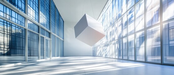 Modern office interior with large glass windows and a suspended white cube