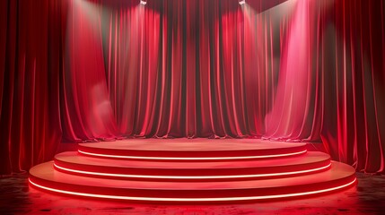 Elegant red stage with circular steps illuminated by dramatic spotlights, perfect for entertainment, awards ceremony or theatrical performance background design.