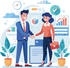 People shaking hands at work - Two businesspeople, man and woman doing handshake in office at work while smiling over business agreement and deal. Flat design stock illustration on white background