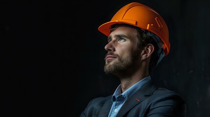 A confident engineer or architect wearing an orange safety helmet, gazing thoughtfully into the distance. Perfect for construction, leadership, and professional themes.
