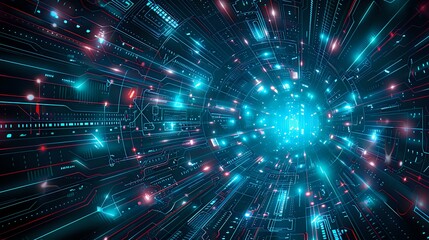 Obraz premium A glowing digital tunnel with vibrant blue and red lights, symbolizing data flow and futuristic connectivity. Ideal for themes of technology, innovation, and cyberspace.