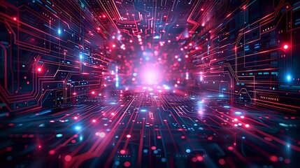 Obraz premium Futuristic digital tunnel with glowing red and blue neon particles, abstract technology background perfect for cyber security, data transfer, and artificial intelligence concepts.