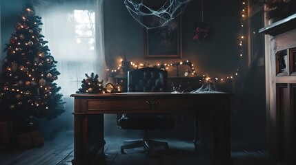 a desk with a christmas tree in the corner of a room with a window