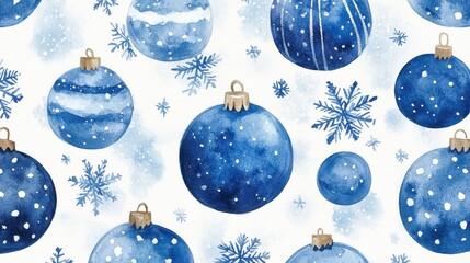 Christmas balls and snowflakes blue watercolor seamless pattern.