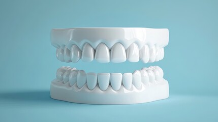Fototapeta premium Realistic 3D render of healthy white teeth on blue background, suitable for oral health ads, with copy space.