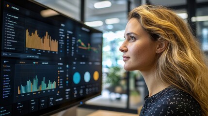 Woman in a modern co-working space, discussing project analytics on a digital dashboard with teammates; collaborative atmosphere, diverse team input; data-driven project management, leadership 
