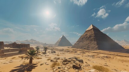Majestic egyptian pyramids under bright sunlight with tourists exploring ancient engineering marvels