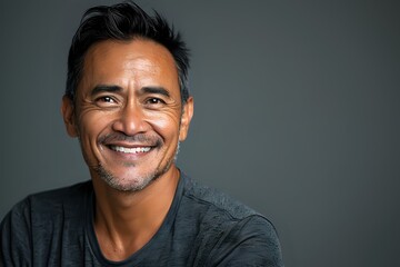 Obraz premium Portrait of a smiling man with a confident and approachable expression against a neutral gray background. Perfect for themes of authenticity, positivity, and professionalism.