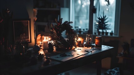 an eerie office desk decorated for Christmas with a dark twist, featuring a blackened wreath, faded pinecones, broken ornaments, and flickering candlelight.