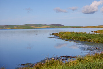 Fototapeta premium Orkney, Scotland - August 6, 2024: The Loch of Stenness on the island of Orkney in Scotland 