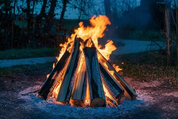 Naklejka premium A photo of a burning pile of wood in the night