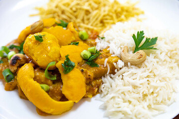 Traditional and exotic Brazilian dish rice, chicken and pequi (caryocar brasileinse) 