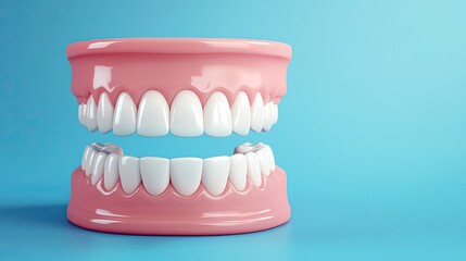 Obraz premium White teeth in a 3D render, set on a blue background for dental health ads, with clear area for copy.