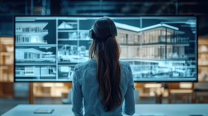 Woman presenting real estate virtual tours in an office, explaining VR property viewing; digital screens with architectural models, professional attire; women in tech-driven real estate solutions 