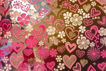 A vibrant and colorful pattern of hearts and floral motifs