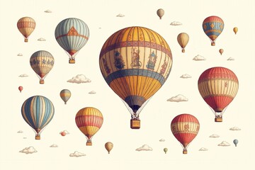 Vintage hot air balloons floating with clouds.