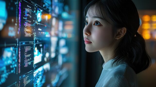 Woman programming a language translation app, modern office, diverse languages displayed on screens; cultural inclusivity in tech, focused innovation; women developing language tech, bridging 