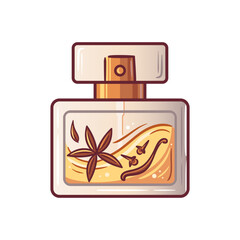 Bright elegant and beautiful perfume bottle adorned with stunning zesty design and artwork. Star anise, cloves and vanilla. Vector illustration in sketch style. For sticker, packaging, design elements