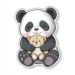 Fototapeta premium Cute Kawaii Panda Hugging Teddy Bear Sticker, Perfect for Concepts of Comfort, Adorable Animals, and Bedtime Companions