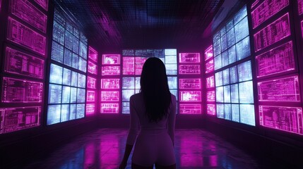 Woman testing data security software in a neon-lit room, multiple encrypted data feeds on screens; cybersecurity analysis, focused and intense environment; skilled in digital protection, highlighting 
