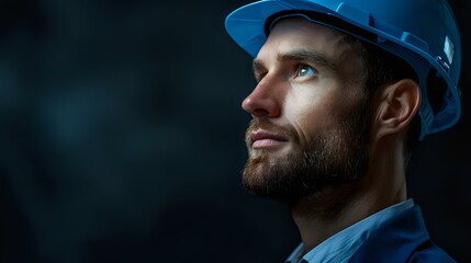 Fototapeta premium A close-up portrait of a construction worker in a safety helmet, gazing upwards with a thoughtful expression, embodying focus, leadership, and professional dedication.