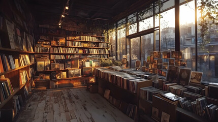 A cozy bookstore interior with large windows, wooden shelves filled with books, and a warm, inviting atmosphere.