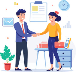 People shaking hands at work - Two businesspeople, man and woman doing handshake in office at work while smiling over business agreement and deal. Flat design stock illustration on white background