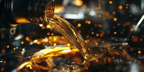 Golden Liquid Pouring into a Metallic Surface with Bokeh Lights