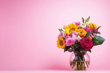 Vibrant bouquet of colorful flowers in glass vase against pink background