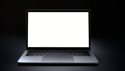 Laptop with white screen, isolated on a dark black
