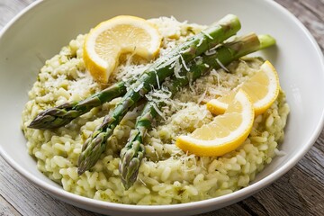 A delectable dish of risotto garnished with fresh asparagus spears, grated cheese, and zesty lemon slices