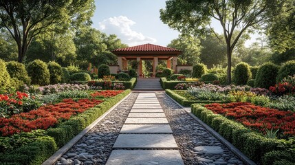 Fototapeta premium Serene garden pathway leading to a gazebo amidst vibrant flowers.