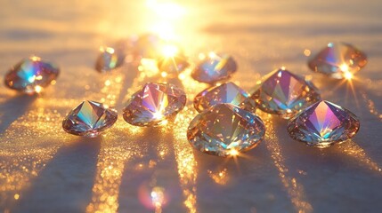 Sparkling diamonds scattered on snow in the sunlight.