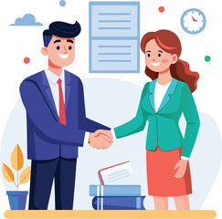 People shaking hands at work - Two businesspeople, man and woman doing handshake in office at work while smiling over business agreement and deal. Flat design stock illustration on white background