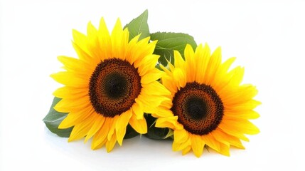 Fototapeta premium Vibrant yellow sunflowers with green leaves against a white background
