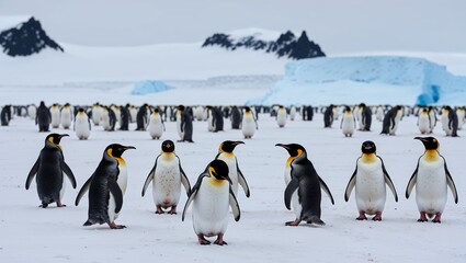 Obraz premium A flock of penguins the snowy Antarctic landscape.
