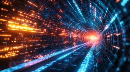 Obraz premium Glowing Neon Tunnel with Futuristic Digital Light Effects and Vivid Colorful Symmetry, Stunning Abstract Background new beautiful stock image illustration AI